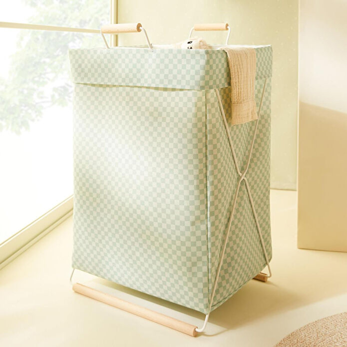 Ocean Home Textile Katlanabilir Metal Destekli Beyaz Renk Mint Dama Desen Çamaşır Sepeti 36 X 33 X 60 Cm