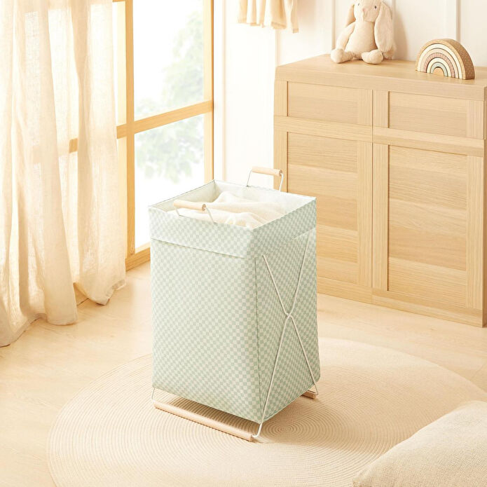 Ocean Home Textile Katlanabilir Metal Destekli Beyaz Renk Mint Dama Desen Çamaşır Sepeti 36 X 33 X 60 Cm