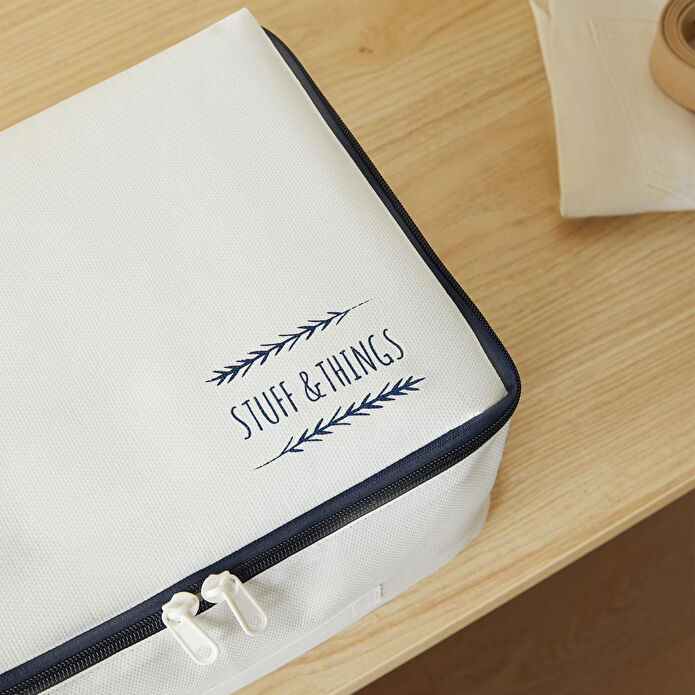 Ocean Home Textile 4'lü Lacivert Fermuarlı Beyaz Renk Stuff & Things Hurç Set 30 X 22 X 18 + 52 X 28 X 21 Cm