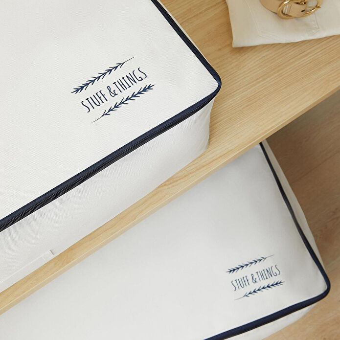 Ocean Home Textile 2'li Mega Boy Lacivert Fermuarlı Beyaz Renk Stuff & Things Baza Altı Hurç Set 74 X 46 X 22 Cm