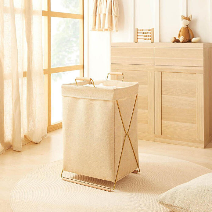 Ocean Home Textile Katlanabilir Metal Destekli Altın Renk Jüt Keten Çamaşır Sepeti 36 X 33 X 60 Cm