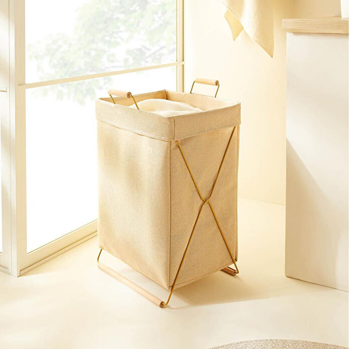 Ocean Home Textile Katlanabilir Metal Destekli Altın Renk Jüt Keten Çamaşır Sepeti 36 X 33 X 60 Cm