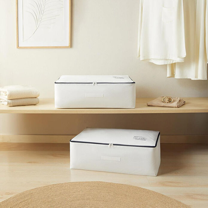 Ocean Home Textile 2'li Büyük Boy Lacivert Fermuarlı Beyaz Renk Stuff & Things Baza Altı Hurç Set 62 X 46 X 22 Cm