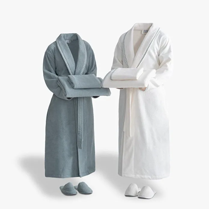 Green Black Tria Aile Bornoz Seti 10 Parça %100 Pamuk Jakarlı Mint-krem