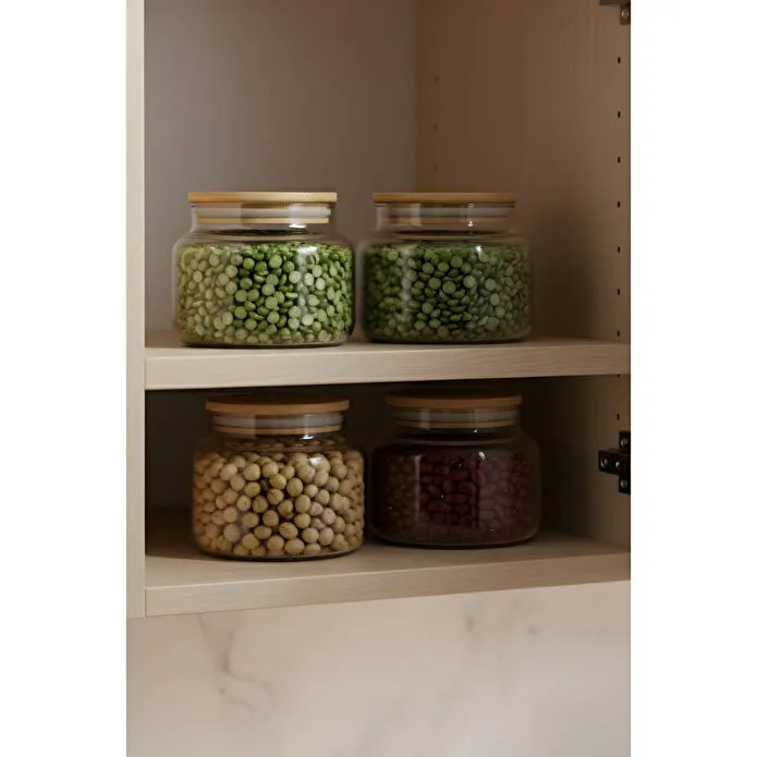 Rakle Basic Bambu Kapaklı 4'lü Cam Kavanoz Seti 350 Cc