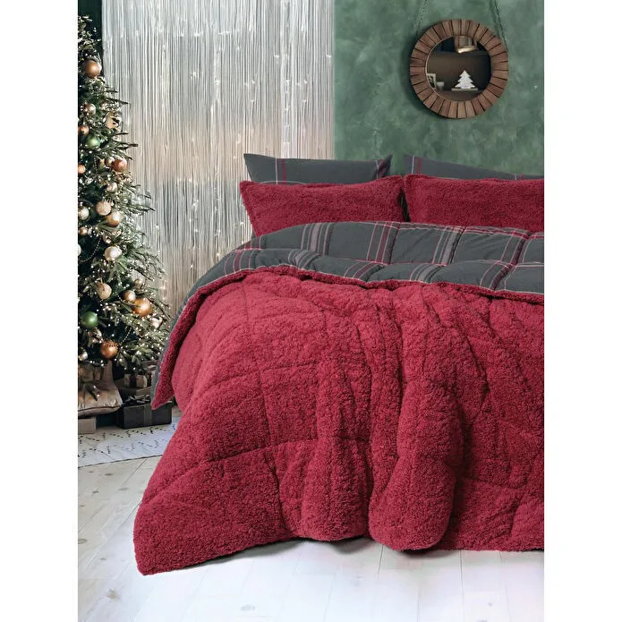 Cozy Home Festive Çift Kişilik Çift Taraflı Peluş Yorgan Noel Kırmızı