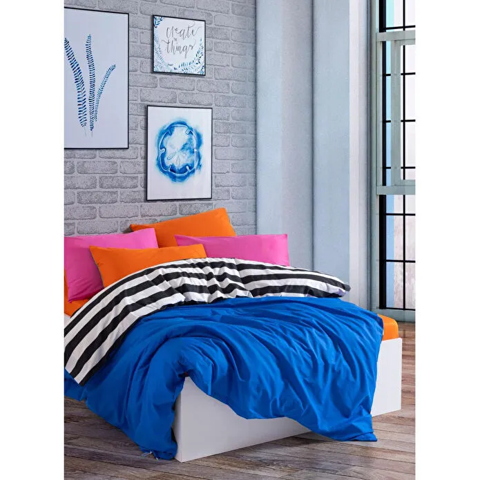 Cozy Home Popping Colors Çift Kişilik Lastikli Çarşaflı Nevresim Takımı Dusk Mavi 180x200