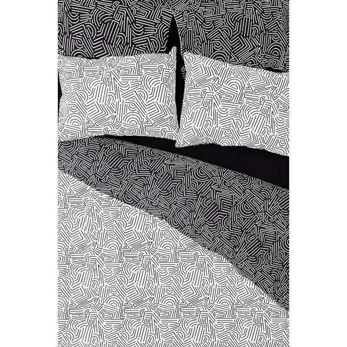 Cozy Home Mono Çift Kişilik Lastikli Çarşaflı Nevresim Takımı Maze Siyah