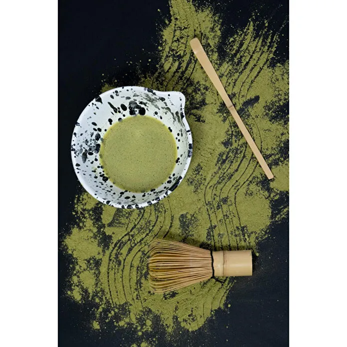 Beige & Stone Seramik Mat Siyah Benekli Matcha Kase Ve Whisk Tutacağı Set