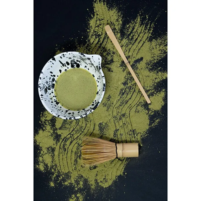 Beige & Stone Seramik Mat Siyah Benekli Matcha Kase Ve Whisk Tutacağı Set