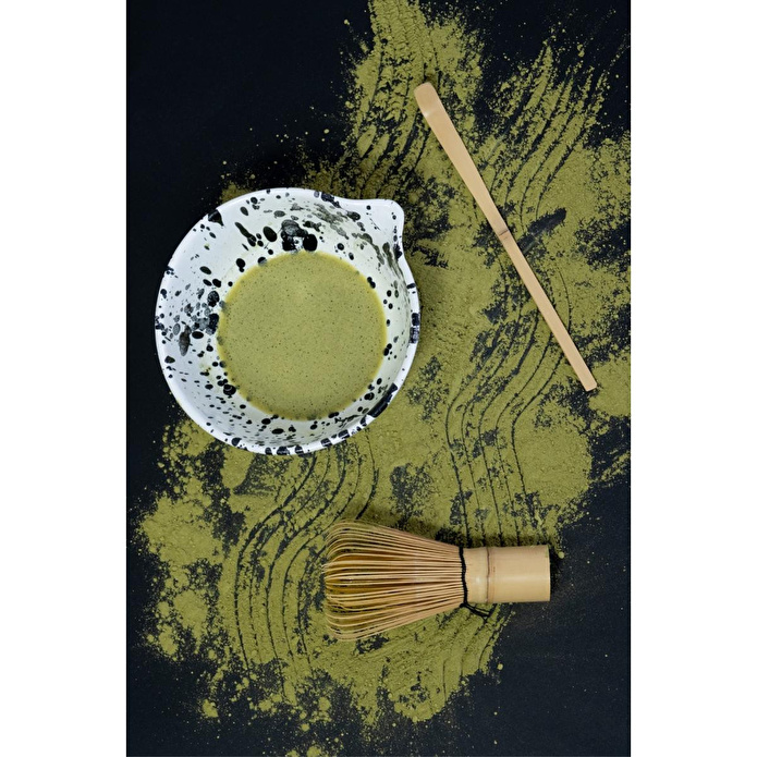 Beige & Stone Seramik Mat Siyah Benekli Matcha Kase Ve Whisk Tutacağı Set