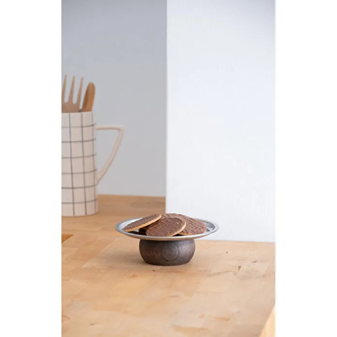 Beige & Stone Ahşap Tabanlı Metal 18 Cm Yuvarlak Servis/sunum Tabak Dekoratif Stand