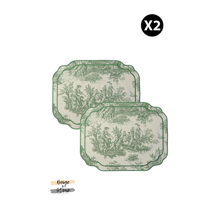 Beige & Stone Yeşil Beyaz Vintage Nakış İşlemeli Amerikan Servis 2'li