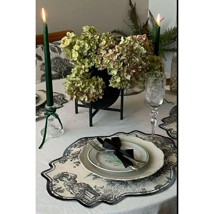 Beige & Stone Siyah Beyaz Vintage Nakış İşlemeli Amerikan Servis 2'li