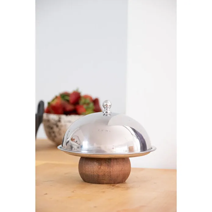 Beige & Stone Çelik Tatlı Meyve Sunum Fanus 16 Cm & Ahşap Ayaklı Metal Stand 18 Cm