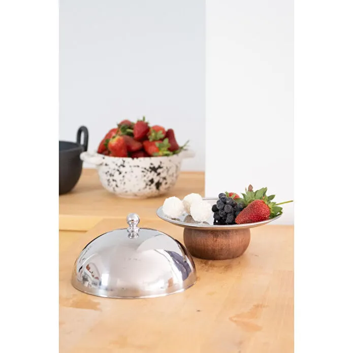 Beige & Stone Çelik Tatlı Meyve Sunum Fanus 16 Cm & Ahşap Ayaklı Metal Stand 18 Cm