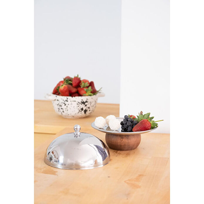 Beige & Stone Çelik Tatlı Meyve Sunum Fanus 16 Cm & Ahşap Ayaklı Metal Stand 18 Cm