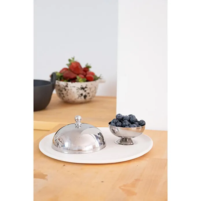 Beige & Stone Paslanmaz Çelik Tatlı Pasta Meyve Sunum Fanus – 13 Cm