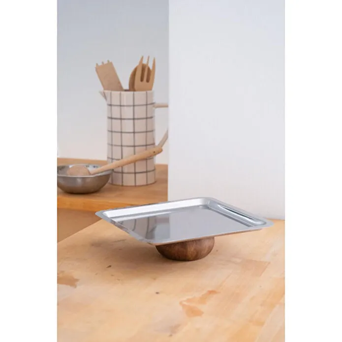 Beige & Stone Şık 23 Cm Kare Çelik Ahşap Ayaklı Atıştırmalık, Tatlı, Peynir Sunum Tepsisi