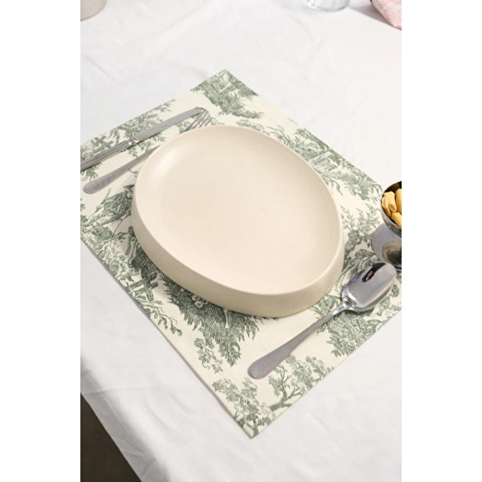 Beige & Stone Yeşil Pastoral Desenli Dikdörtgen Amerikan Servis 2'li