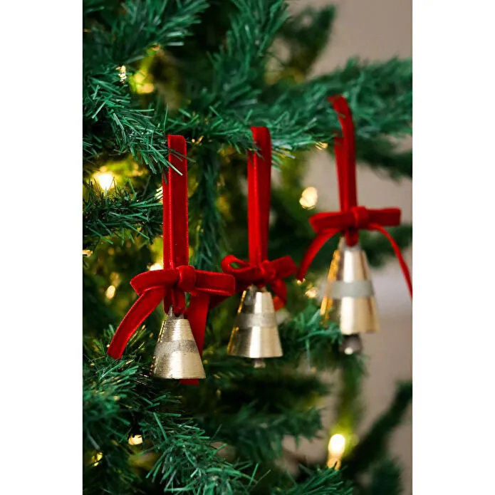 Beige & Stone X Den.ınteriors Yılbaşı Ağacı Süsleme Seti 3'lü Kadife Kurdeleli Gold Renk Çan Ağaç Süsü