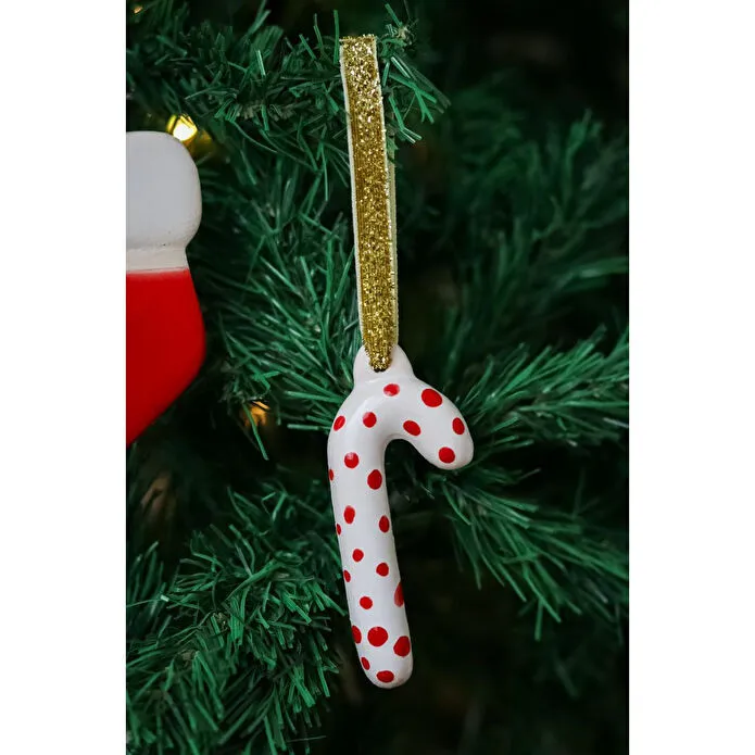 Beige & Stone Yılbaşı Ağaç Süsü Benekli Seramik Baston Çam Ağacı Süsü