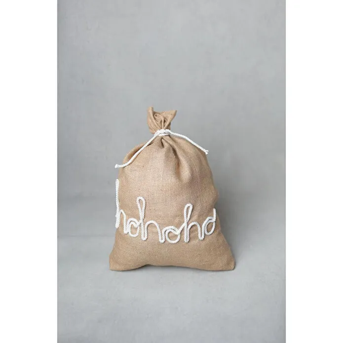 Beige & Stone Jüt Ho Ho Ho Süslemeli Yılbaşı Hediye Çuvalı