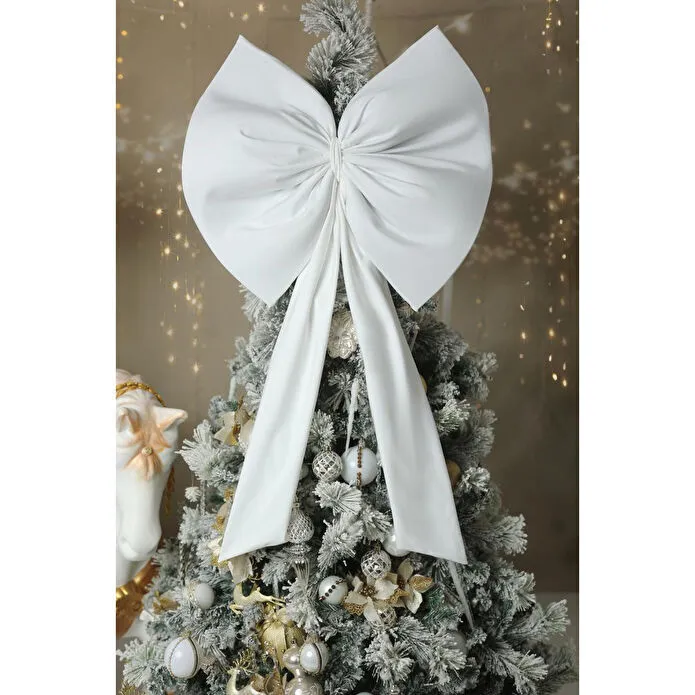 Beige & Stone Kurdele Yıllbaşı Ağaç Süs Noel Beyaz Fiyonk 55x50 Cm Büyük