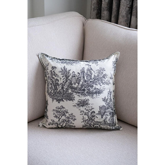 Beige & Stone Siyah Vintage Desenli 50x50 Dekoratif Yastık Kılıfı