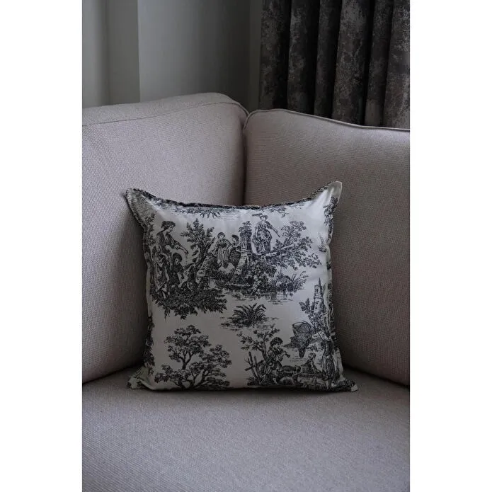 Beige & Stone Siyah Vintage Desenli 45x45 Dekoratif Yastık Kılıfı