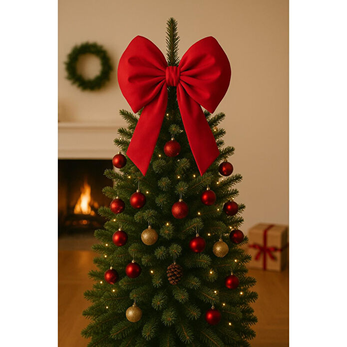 Beige & Stone Kurdele Orta Yıllbaşı Ağaç Süs Noel Kırmızı Fiyonk 37x40cm