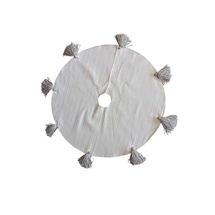 Beige & Stone Püsküllü Yılbaşı Çam Ağaç Altı Örtüsü 100 Cm Çaplı