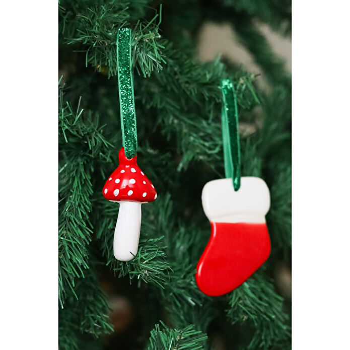 Beige & Stone Yılbaşı Ağaç Süsü Benekli Seramik Mantar-çorap 2'li Çam Ağacı Süsü