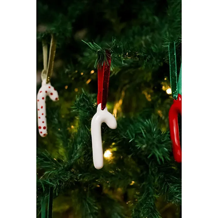 Beige & Stone Yılbaşı Ağaç Süsü Seramik Baston 3'lü Çam Ağacı Süsü