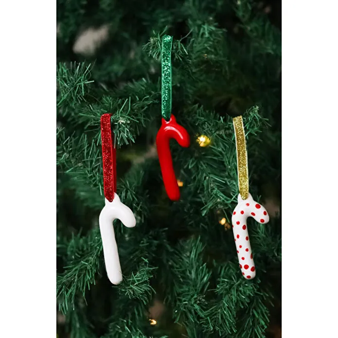 Beige & Stone Yılbaşı Ağaç Süsü Seramik Baston 3'lü Çam Ağacı Süsü