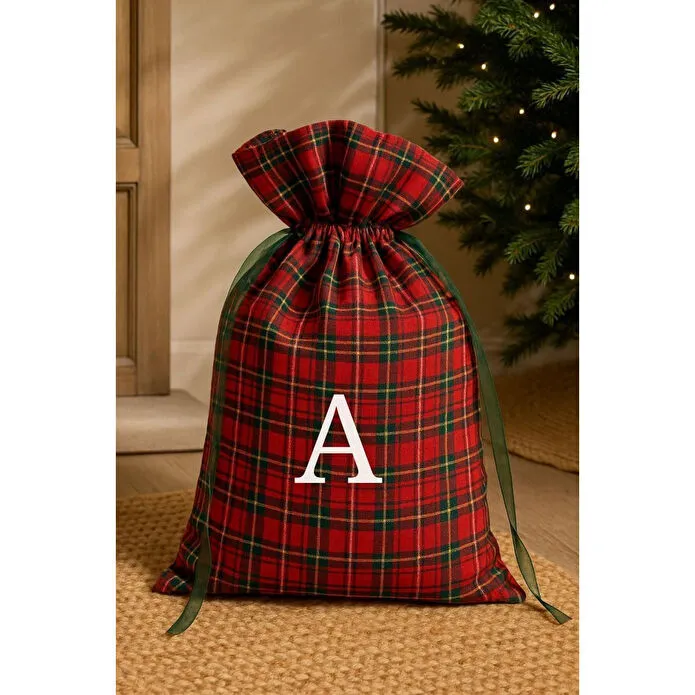 Beige & Stone Yılbaşı Kişiselleştirilmiş Harfe Özel Ekose Desenli Büyük Hediye Kesesi 40x60 Cm