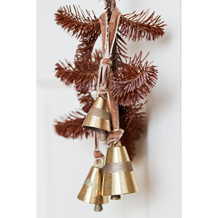 Beige & Stone X Den.interiors Yılbaşı Ağacı Süsü Seti 3 Adet Gold Renk Çan Kadife Kurdele Bağlı Çam Ağaç Süsü