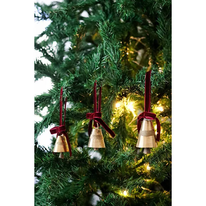 Beige & Stone X Den.ınteriors Yılbaşı Ağacı Süsleme Seti 3'lü Kadife Kurdeleli Gold Renk Çan Ağaç Süsü