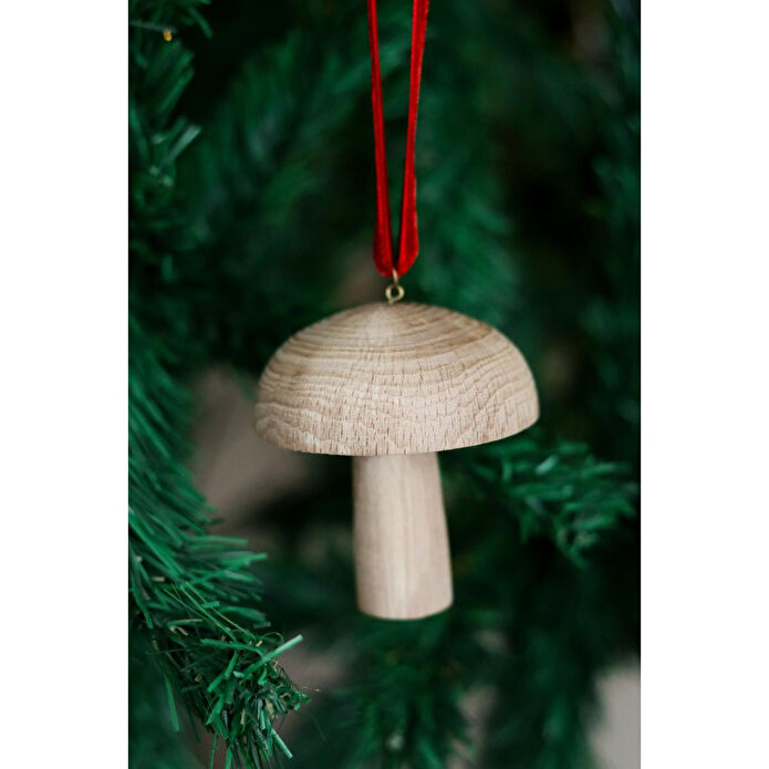 Beige & Stone Yılbaşı Ağacı Süsü Kırmızı Kadife Kurdeleli Ahşap Mantar