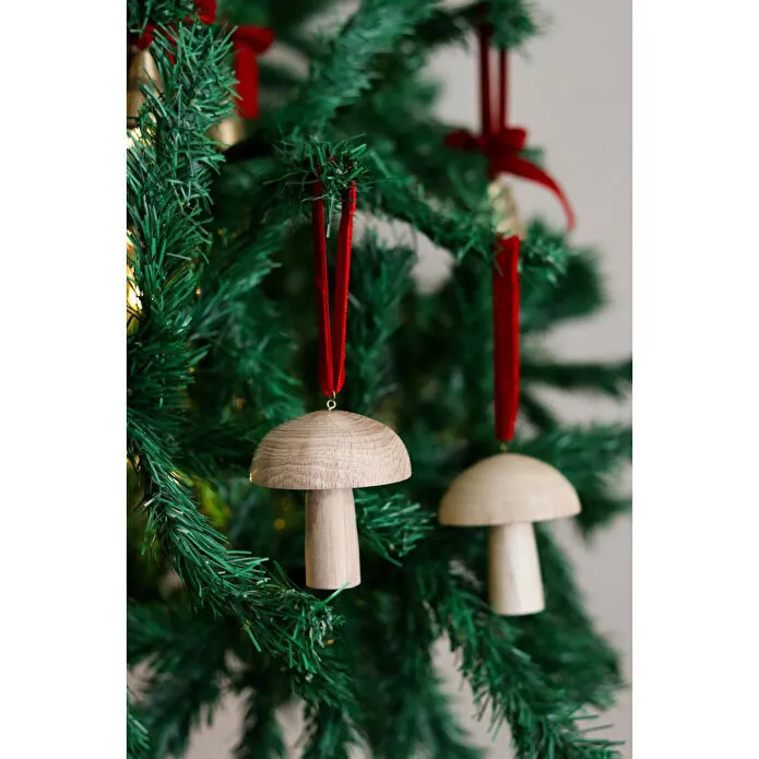 Beige & Stone Yılbaşı Ağacı Süsü Kırmızı Kadife Kurdeleli Ahşap Mantar