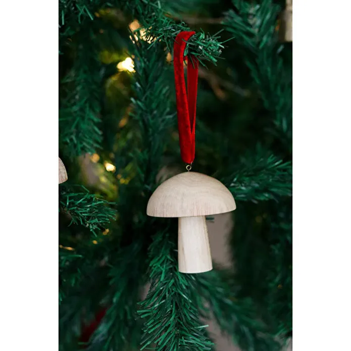Beige & Stone Yılbaşı Ağacı Süsü Kırmızı Kadife Kurdeleli Ahşap Mantar