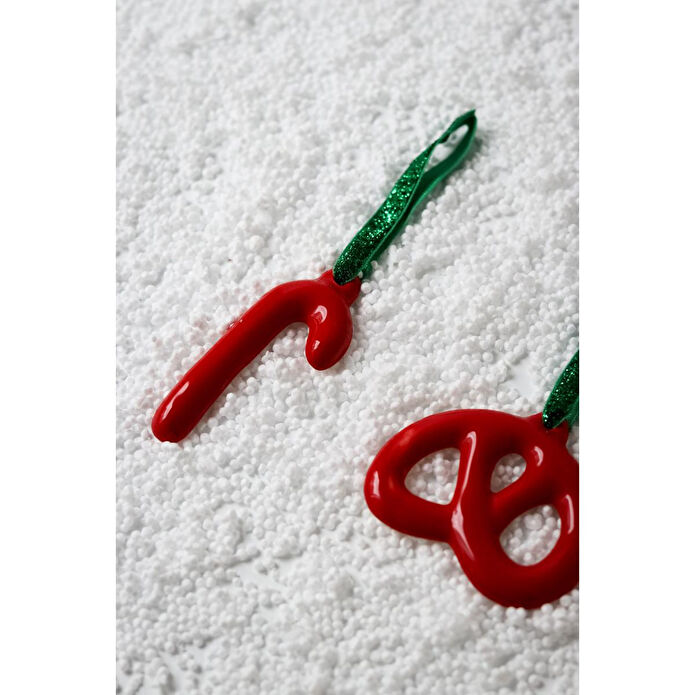 Beige & Stone Yılbaşı Ağaç Süsü Kırmızı Seramik Pretzel Simit-baston 2'li Çam Ağacı Süsü