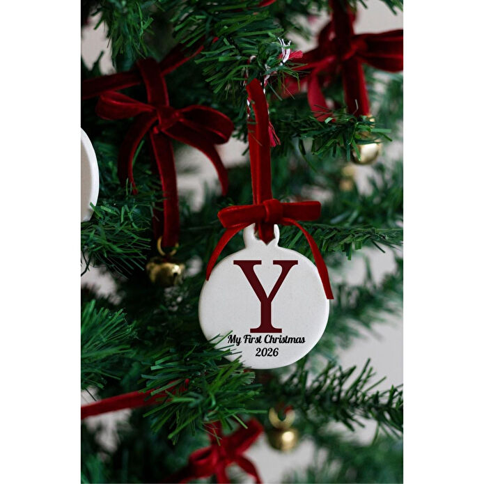 Beige & Stone Seramik Kişiselleştirilmiş Harfe Özel Kadife Kurdele Yılbaşı Ağacı Süsü (özel Kutusu Ile)