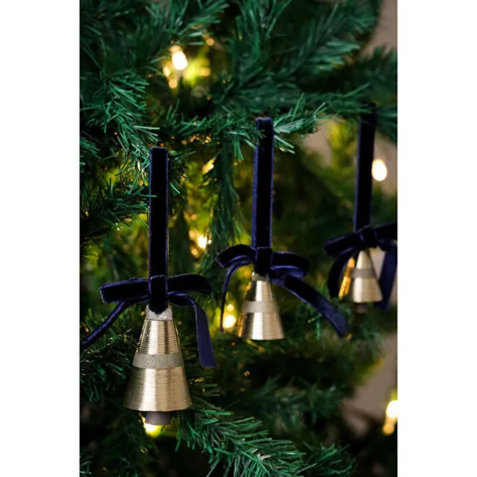 Beige & Stone X Den.ınteriors Yılbaşı Ağacı Süsleme Seti 3'lü Kadife Kurdeleli Gold Renk Çan Ağaç Süsü