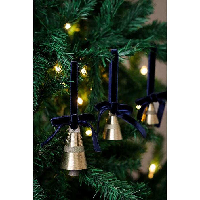 Beige & Stone X Den.ınteriors Yılbaşı Ağacı Süsleme Seti 3'lü Kadife Kurdeleli Gold Renk Çan Ağaç Süsü