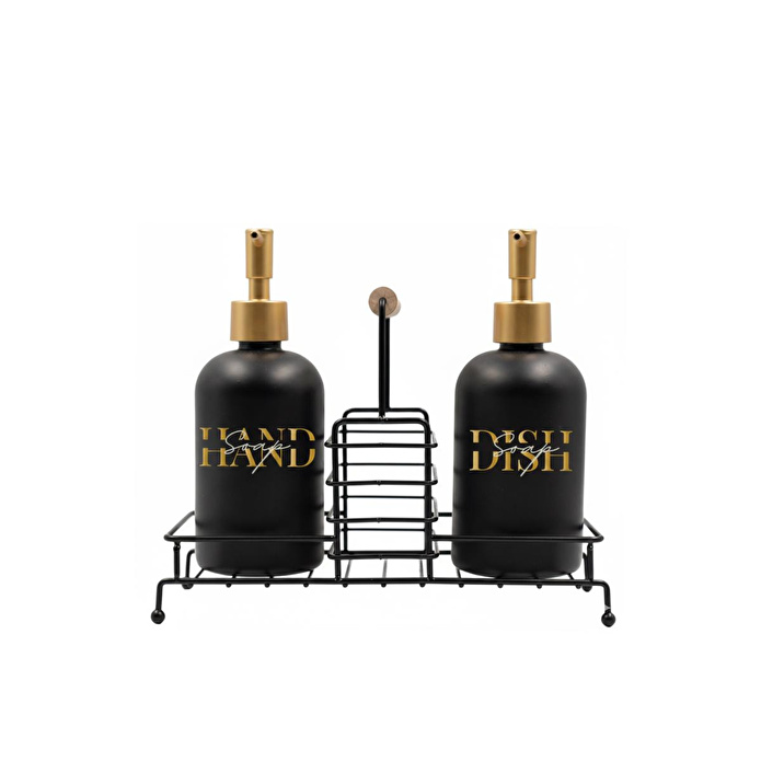 Rakle Essential Siyah Metal Ahşap Kulplu Stand 2'li Sıvı Sabunluk Seti Siyah 420 Cc