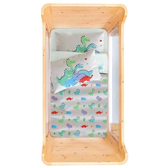 Itsy Bitsy Kids Dinotopia Çift Taraflı Pamuk Saten Çok Renkli Bebek Nevresim Seti 100x150cm