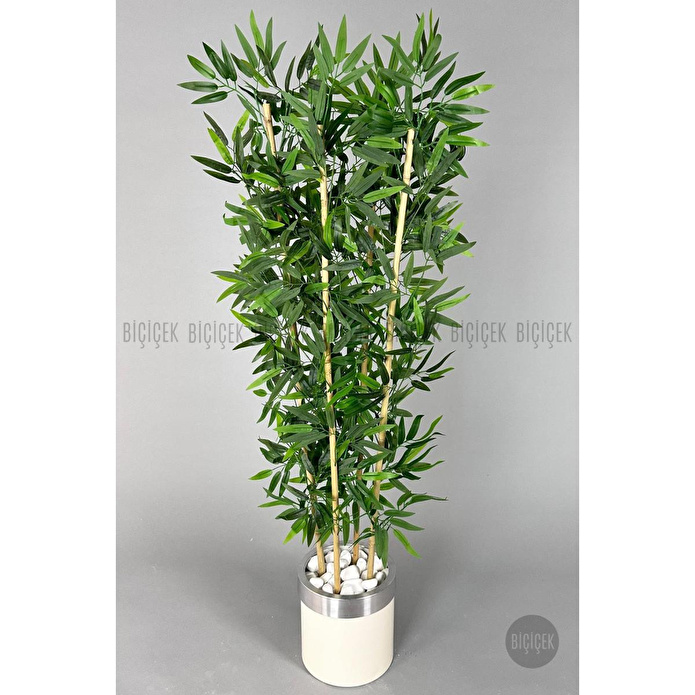 Biçiçek Yapay Bambu Ağacı 140cm Krem Gümüş Metal Saksıda