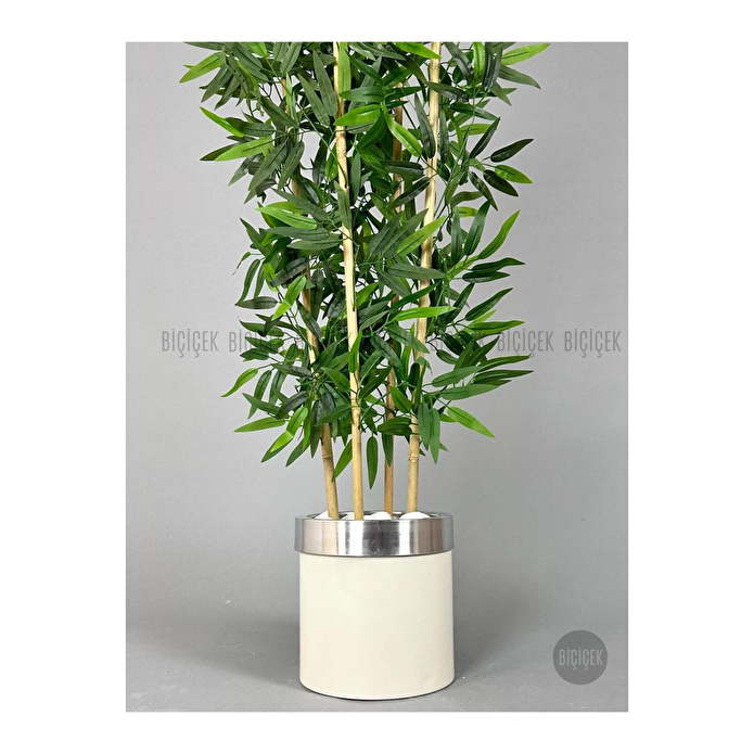 Biçiçek Yapay Bambu Ağacı 140cm Krem Gümüş Metal Saksıda
