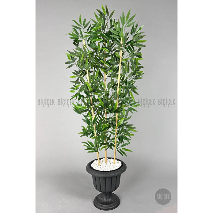 Biçiçek Yapay Bambu Ağacı 140cm Yoğun Yapraklı Antrasit Renk Nergis Saksıda